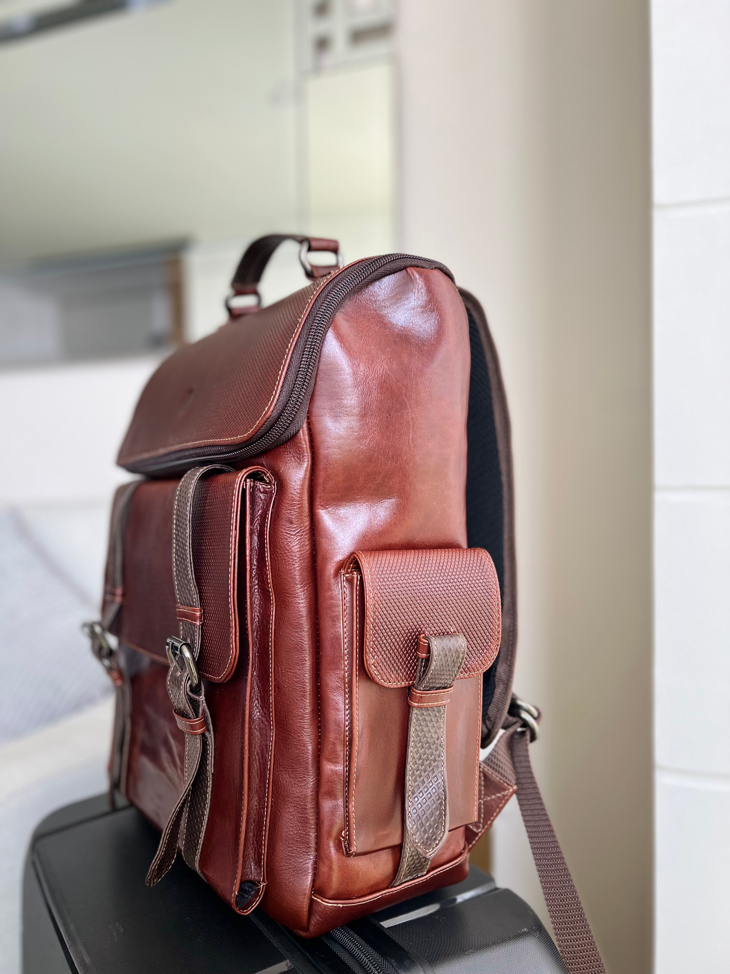 ADRIAN MULTIFUNCTIONAL BACKPACK IN COGNAC LEATHER FOR MEN | LUXERO