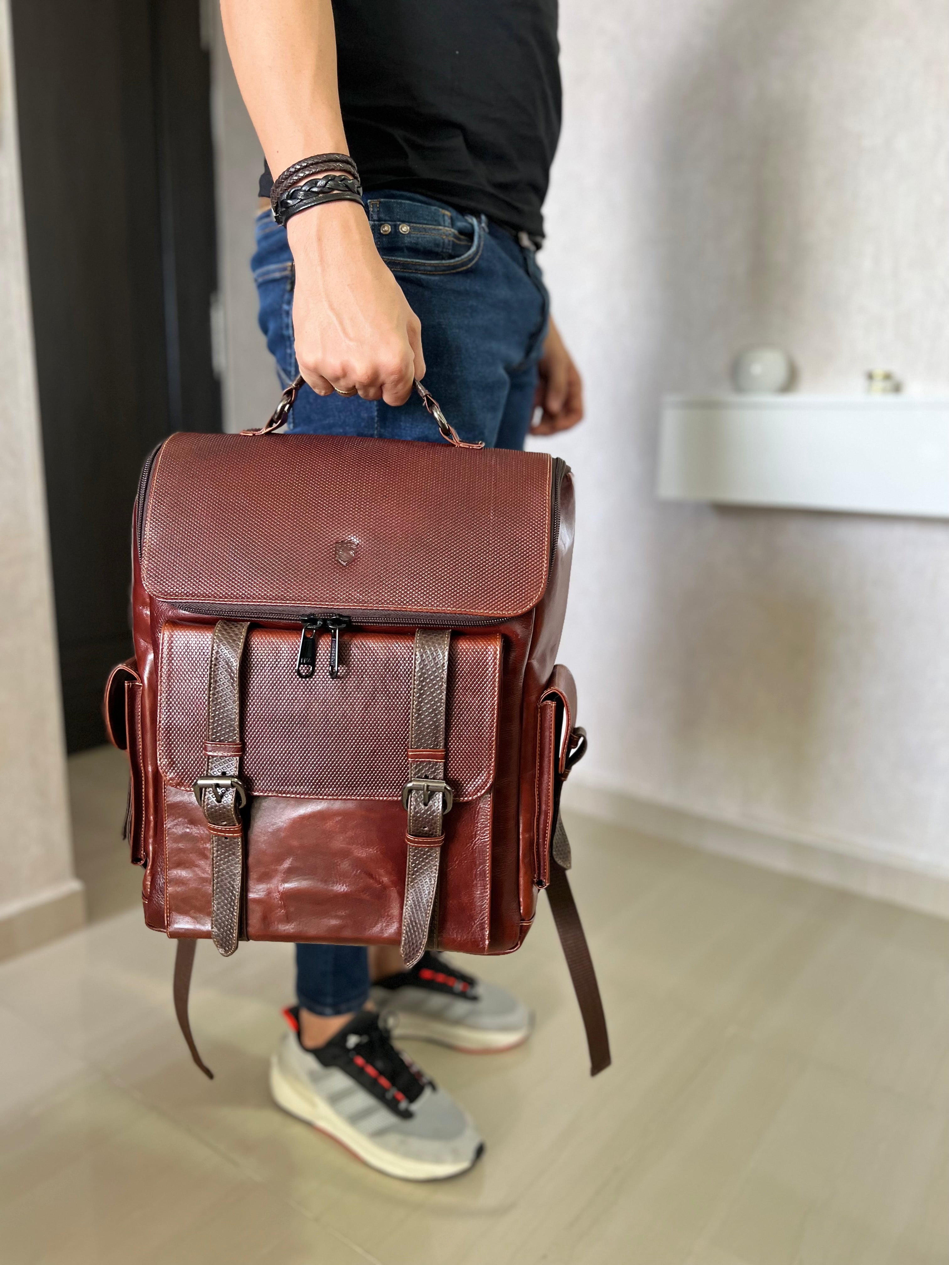 ADRIAN MULTIFUNCTIONAL BACKPACK IN COGNAC LEATHER FOR MEN | LUXERO