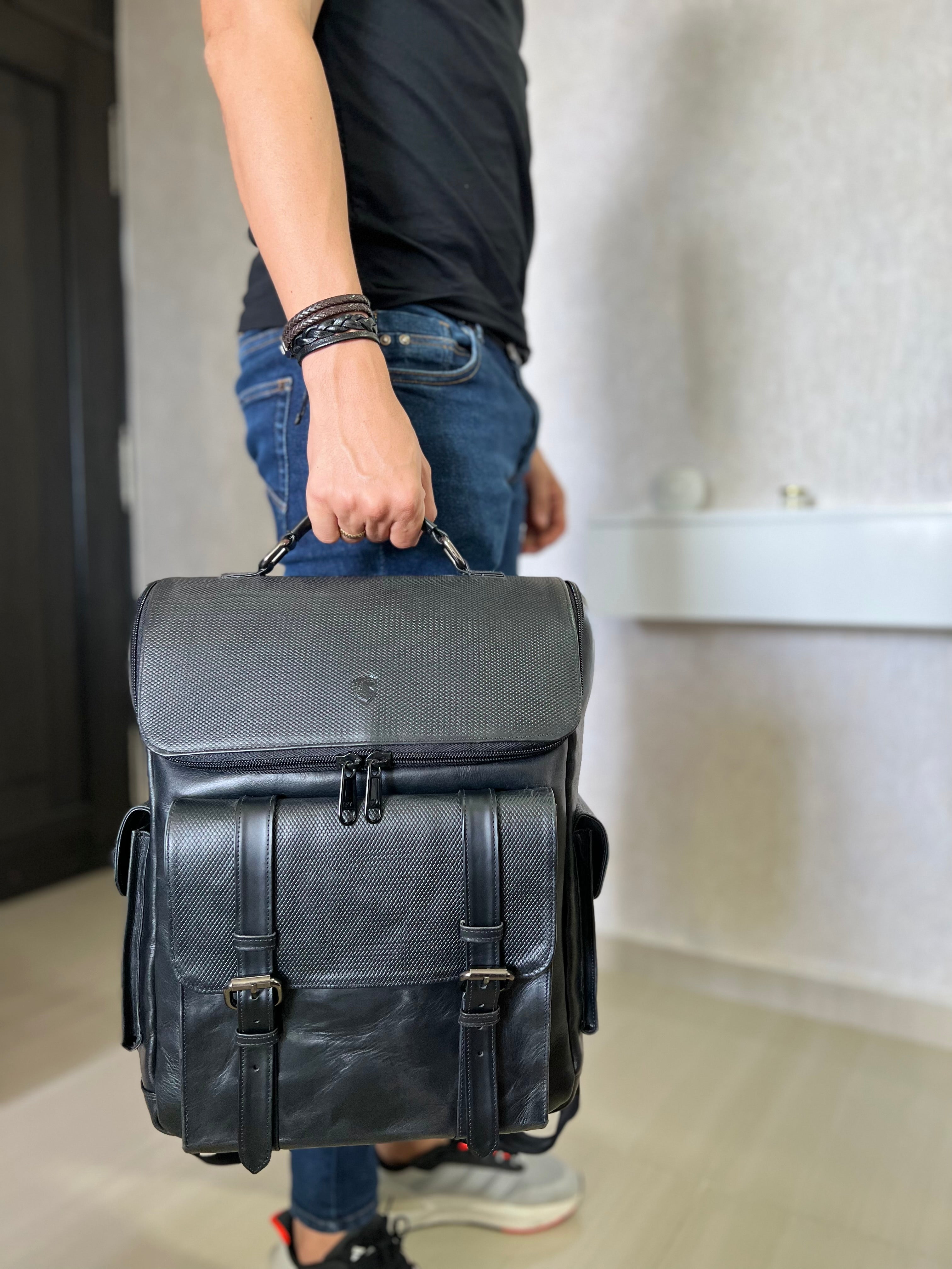 ADRIAN MULTIFUNCTIONAL BACKPACK IN BLACK LEATHER FOR MEN | LUXERO