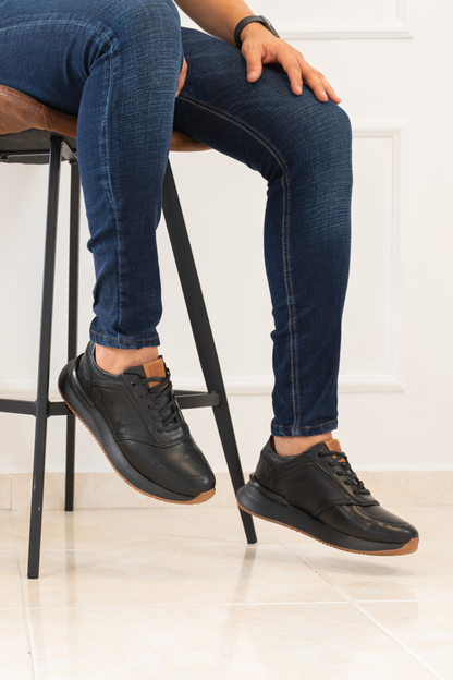 TENIS EN CUERO PARA HOMBRE COLOR NEGRO X CREMA REF: D 16 AMSTERDAM