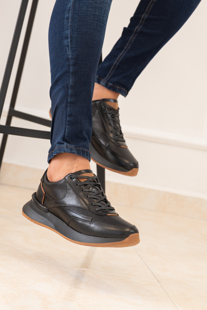 TENIS EN CUERO PARA HOMBRE COLOR NEGRO X CREMA REF: 3223 CATANIA