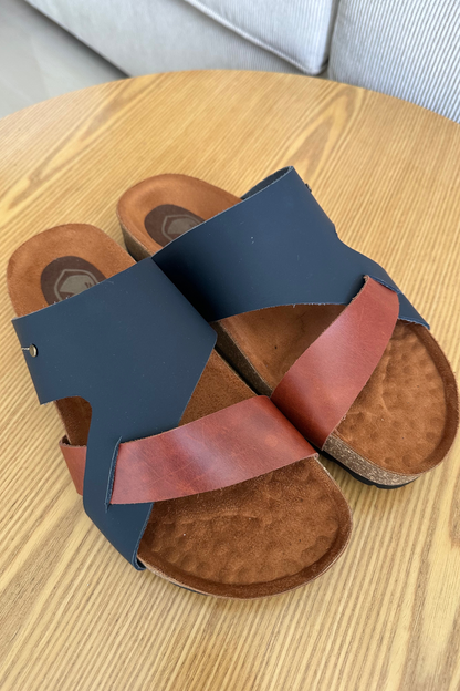 SANDALIAS PARA HOMBRE EN CUERO COLOR AZUL X MIEL REF: 12 FERMO