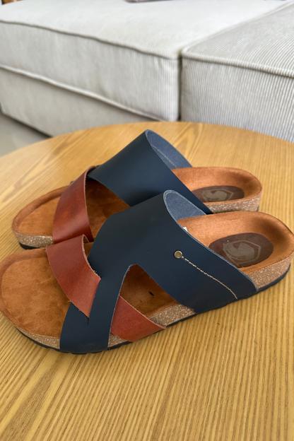 SANDALIAS PARA HOMBRE EN CUERO COLOR AZUL X MIEL REF: 12 FERMO