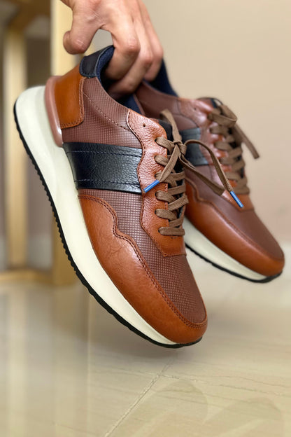 TENIS PARA HOMBRE EN CUERO MIEL X AZUL  REF: SIENA 6416
